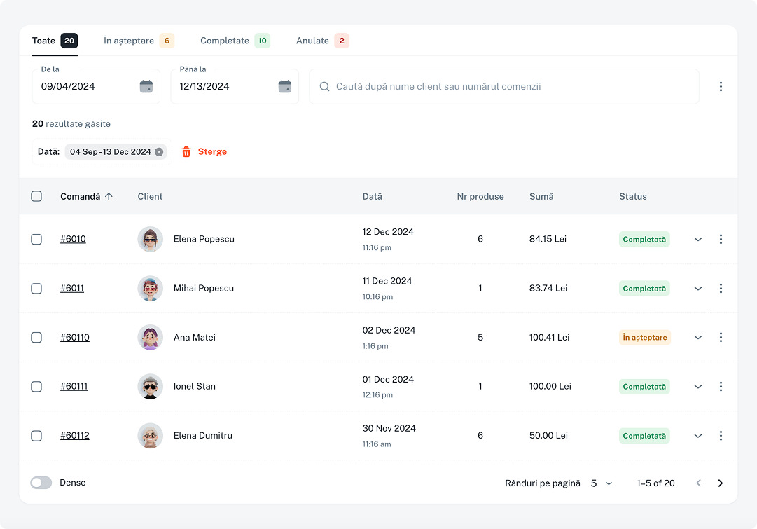 Imagine cu lista de comenzi si stocuri