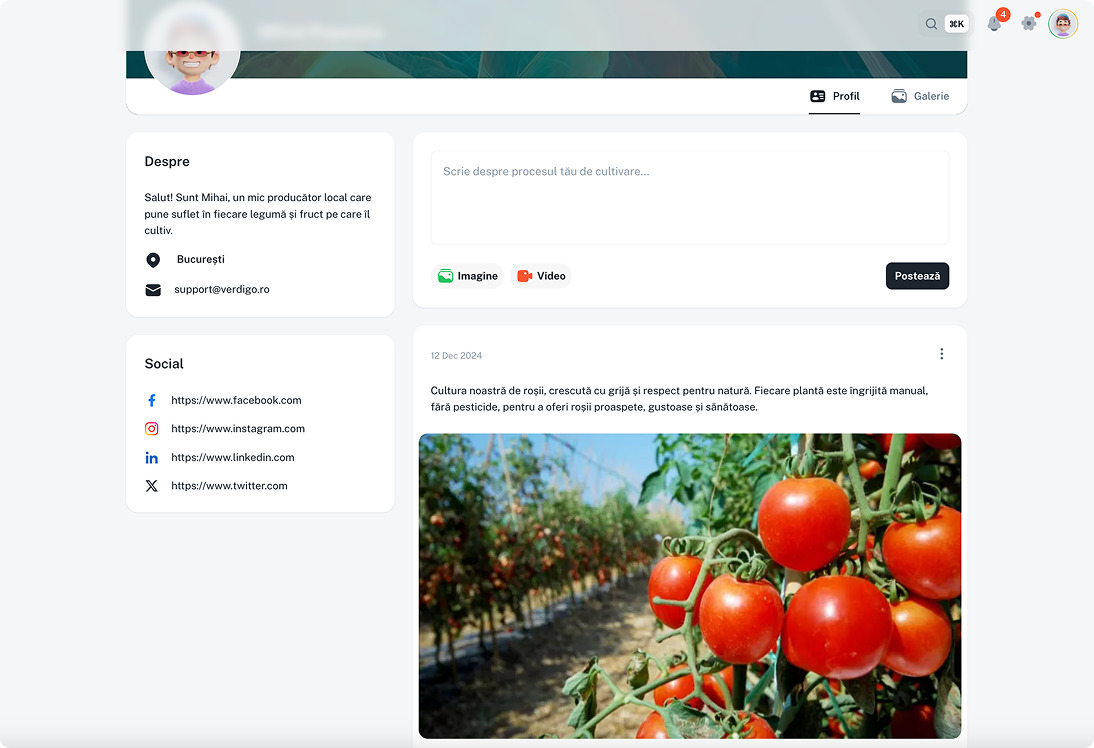 Imagine cu formularul de modificare a profilului a producătorului