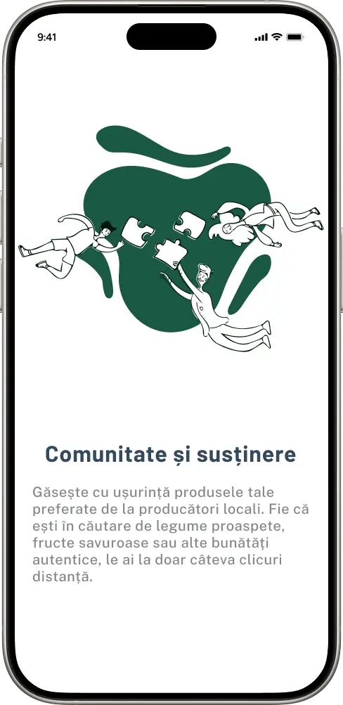 Ilustrație pe un telefon cu trei personaje plutind și asamblând piese de puzzle, simbolizând comunitatea și susținerea.