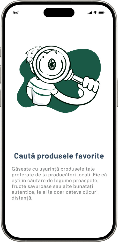 Ilustrație pe un telefon cu un personaj care tine o lupa in mana, reprezentand cautarea produselor.